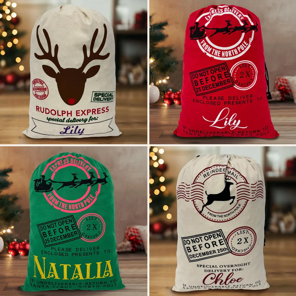 Custom Name Christmas Sack with Santa’s North Pole Stamp, Vintage Postal Theme Christmas Gift Bag with Drawstring, Christmas Gift for Kids/Family