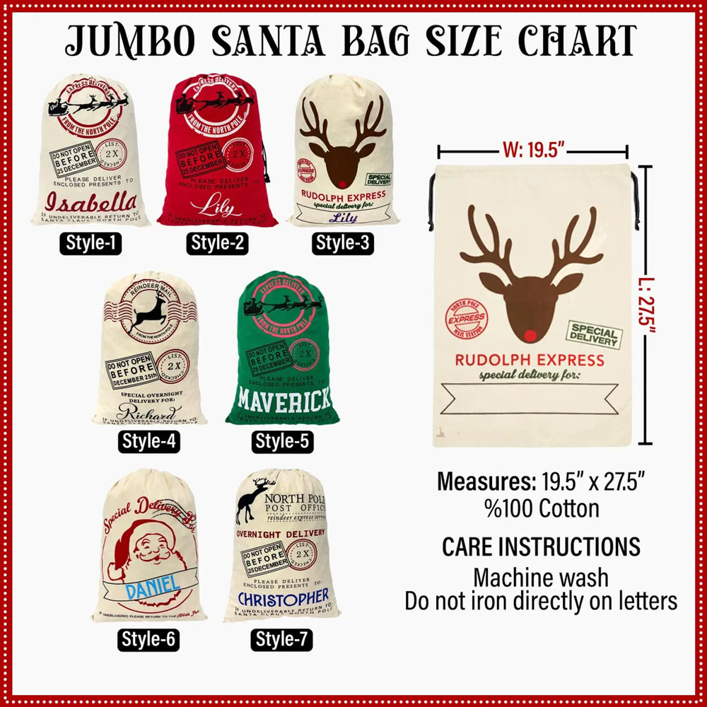 Custom Name Christmas Sack with Santa’s North Pole Stamp, Vintage Postal Theme Christmas Gift Bag with Drawstring, Christmas Gift for Kids/Family