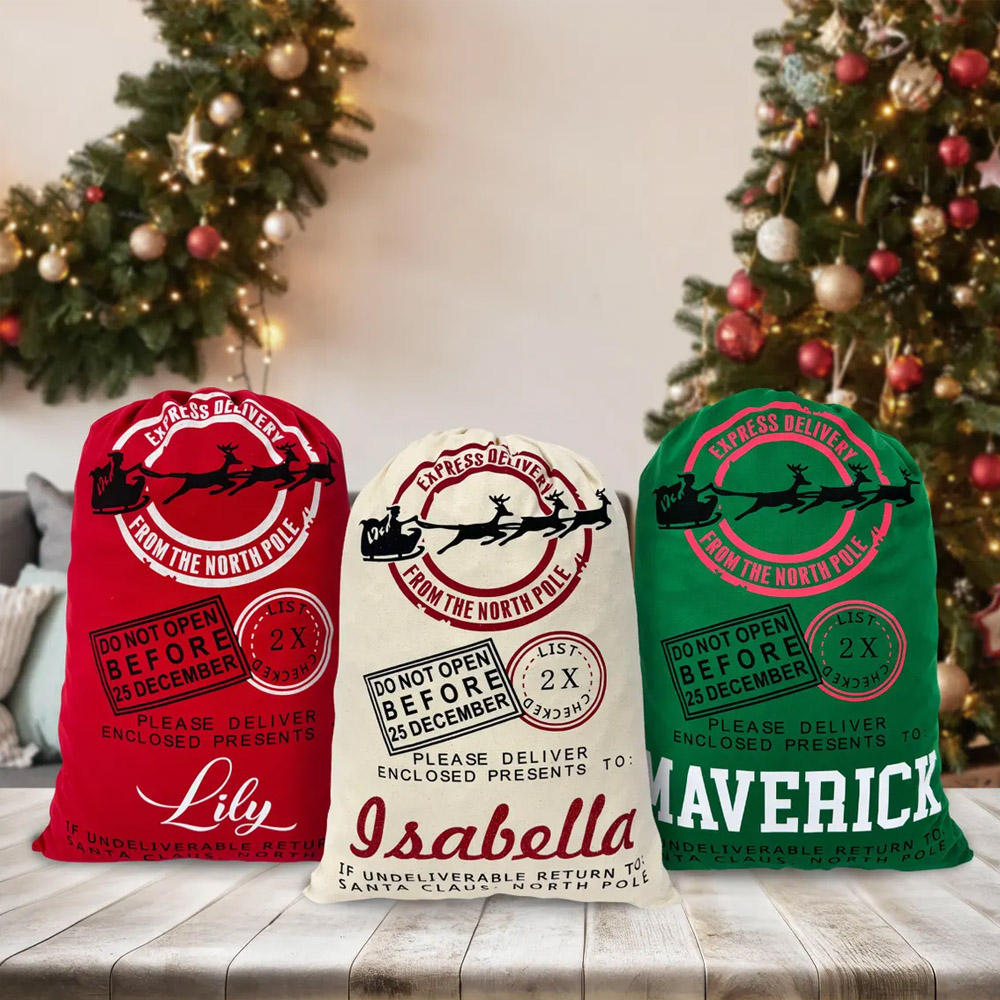 Custom Name Christmas Sack with Santa’s North Pole Stamp, Vintage Postal Theme Christmas Gift Bag with Drawstring, Christmas Gift for Kids/Family