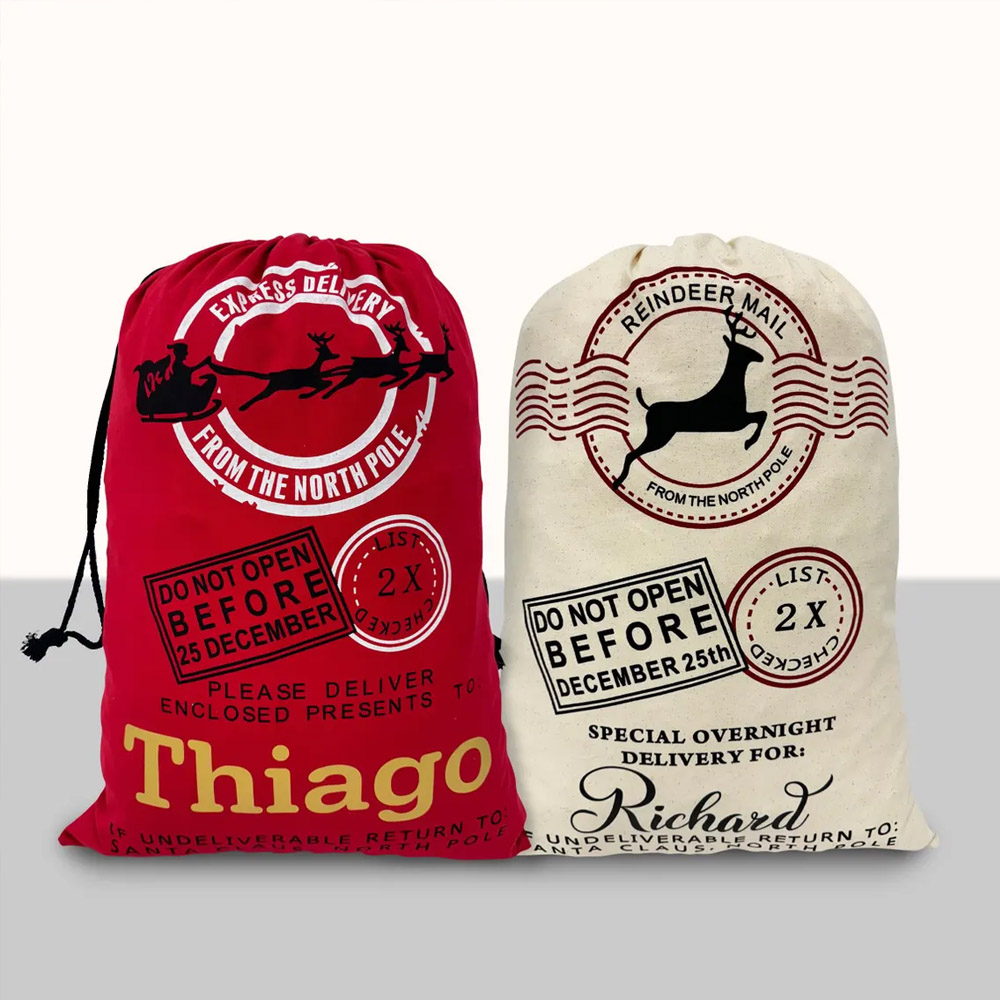 Custom Name Christmas Sack with Santa’s North Pole Stamp, Vintage Postal Theme Christmas Gift Bag with Drawstring, Christmas Gift for Kids/Family