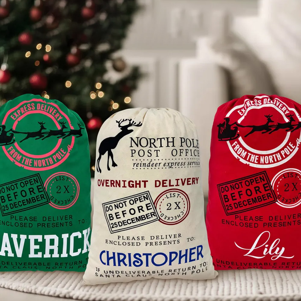 Custom Name Christmas Sack with Santa’s North Pole Stamp, Vintage Postal Theme Christmas Gift Bag with Drawstring, Christmas Gift for Kids/Family