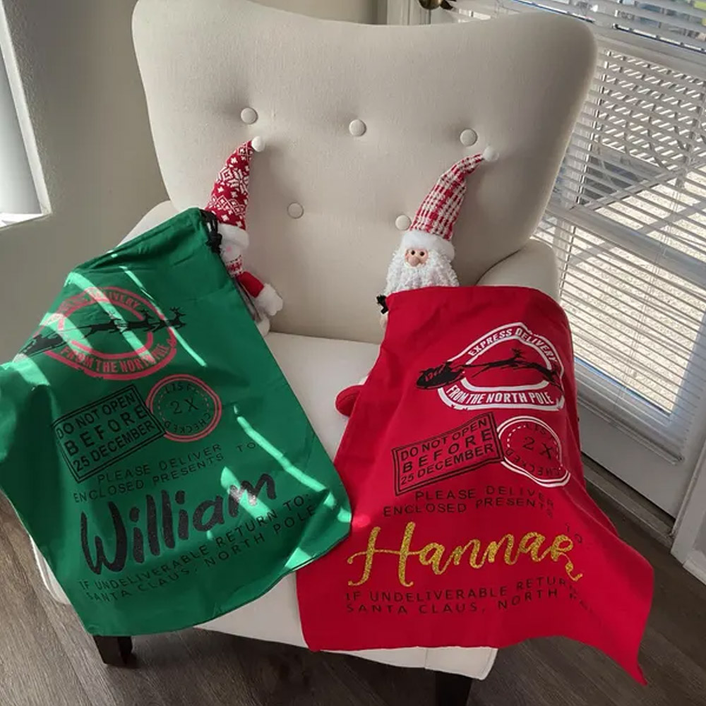 Custom Name Christmas Sack with Santa’s North Pole Stamp, Vintage Postal Theme Christmas Gift Bag with Drawstring, Christmas Gift for Kids/Family