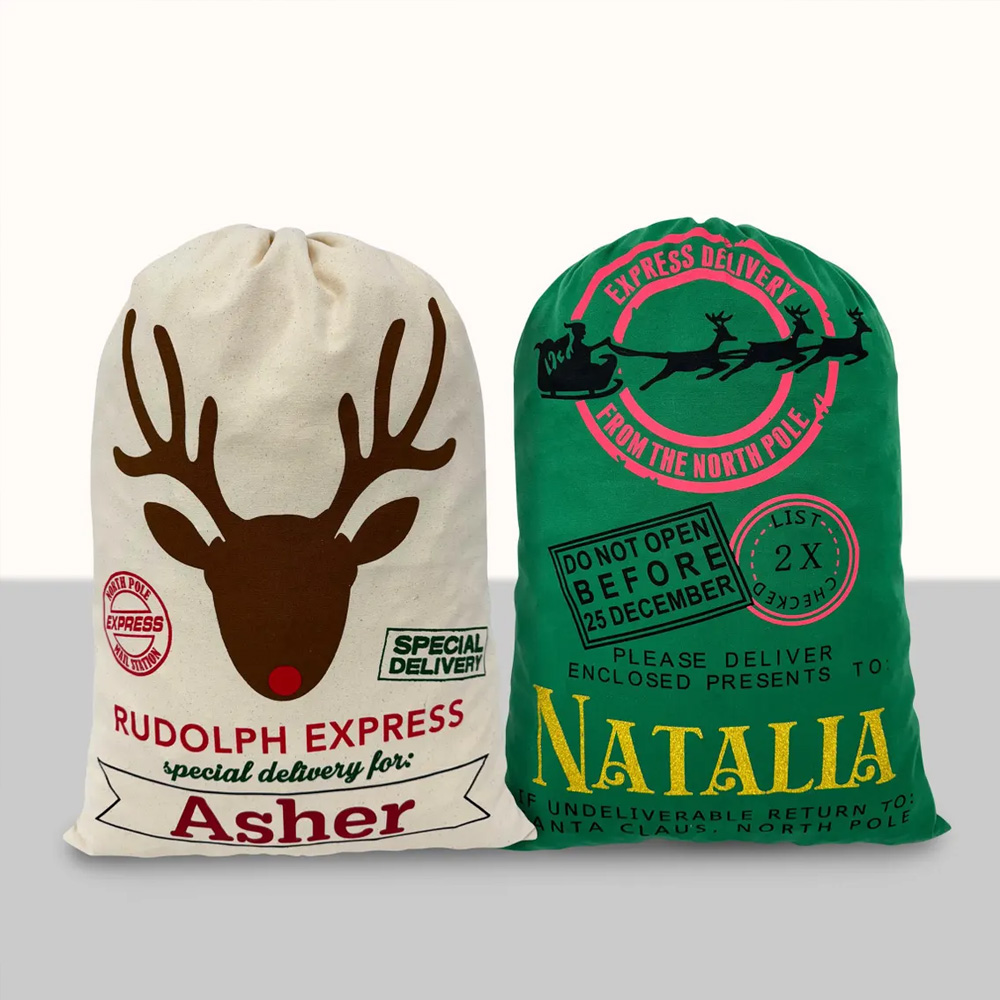 Custom Name Christmas Sack with Santa’s North Pole Stamp, Vintage Postal Theme Christmas Gift Bag with Drawstring, Christmas Gift for Kids/Family