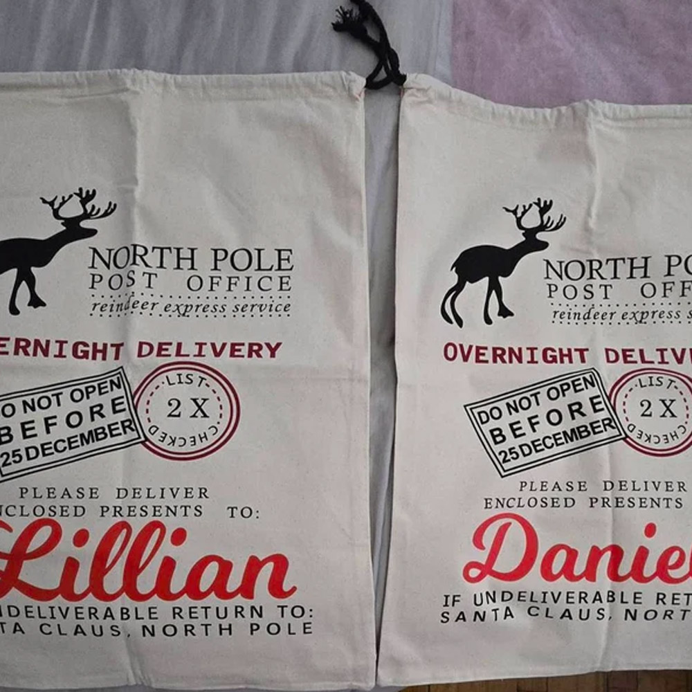 Custom Name Christmas Sack with Santa’s North Pole Stamp, Vintage Postal Theme Christmas Gift Bag with Drawstring, Christmas Gift for Kids/Family