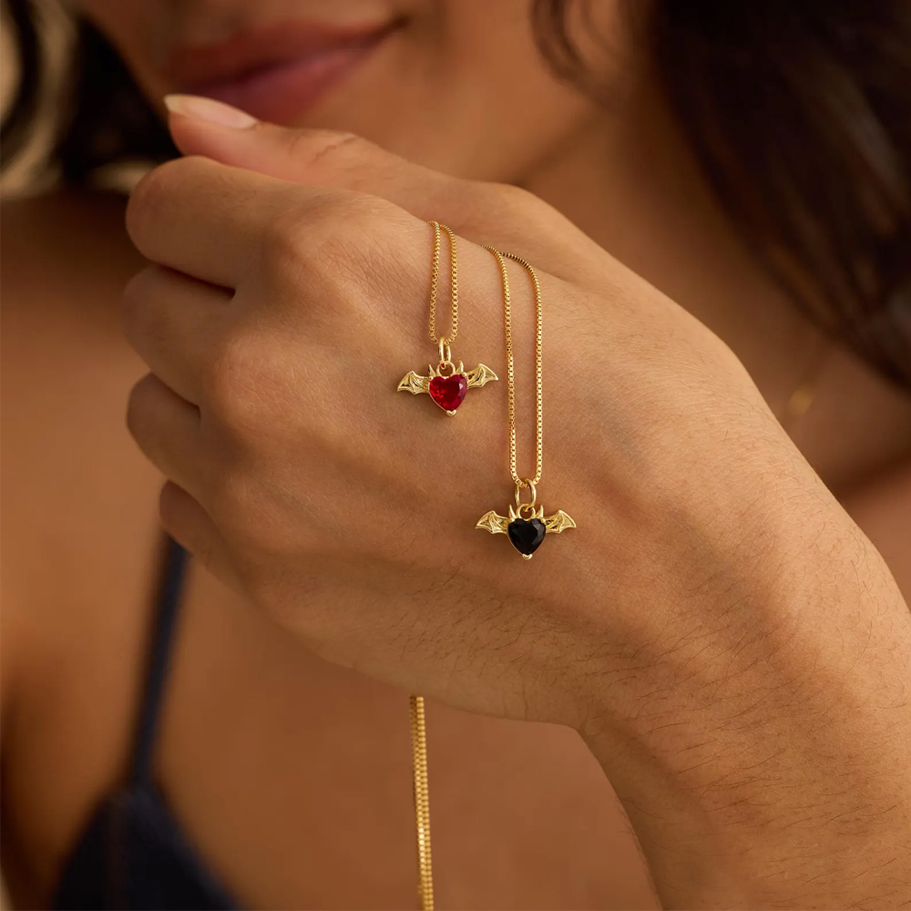 Personalized Bat Wing Pendant Necklace with Heart Birthstone, Sterling Silver 925 Gothic Jewelry, Birthday/Halloween Gift for Gothic Lovers/Women