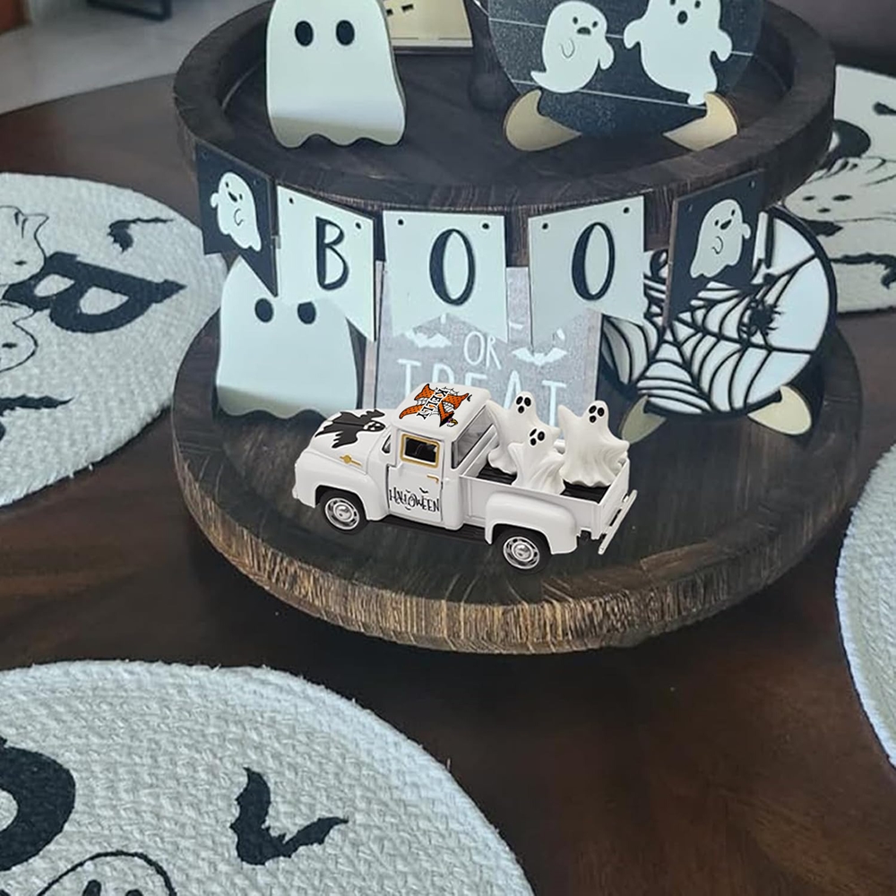 Custom Name & Initial Halloween Truck Model with Mini Skull/Ghost/Pumpkin, Creepy Pickup Car, Trick or Treat Decor, Halloween Gift for Kids/Boys/Girls