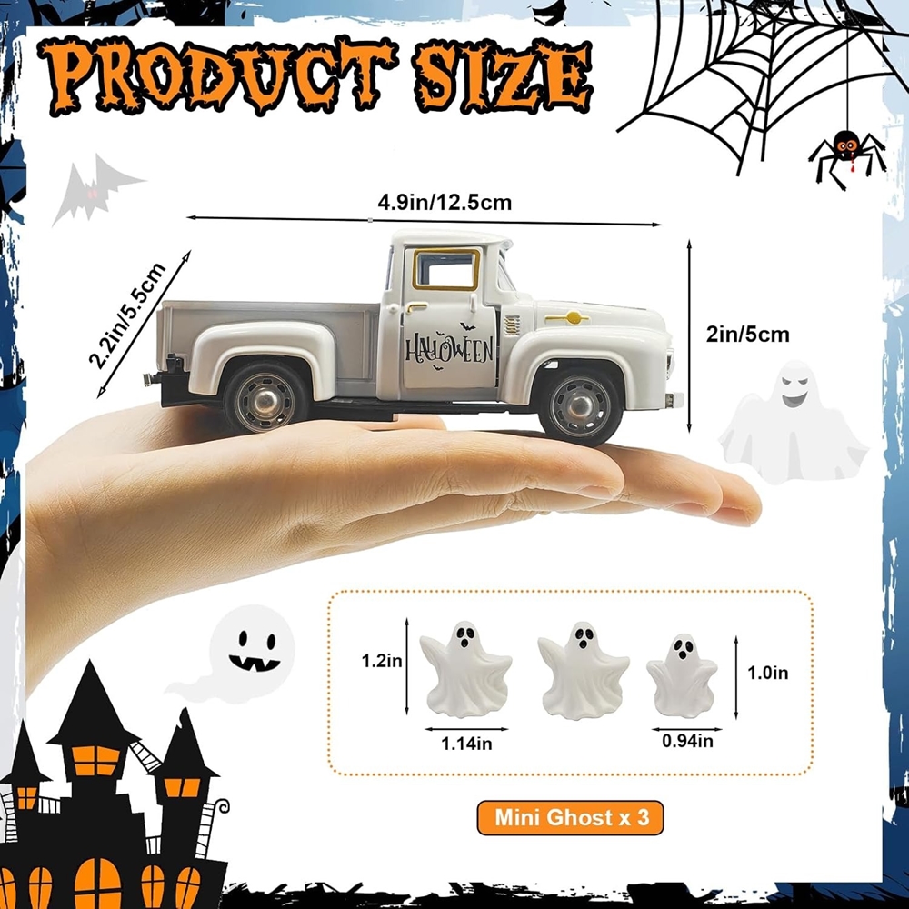 Custom Name & Initial Halloween Truck Model with Mini Skull/Ghost/Pumpkin, Creepy Pickup Car, Trick or Treat Decor, Halloween Gift for Kids/Boys/Girls