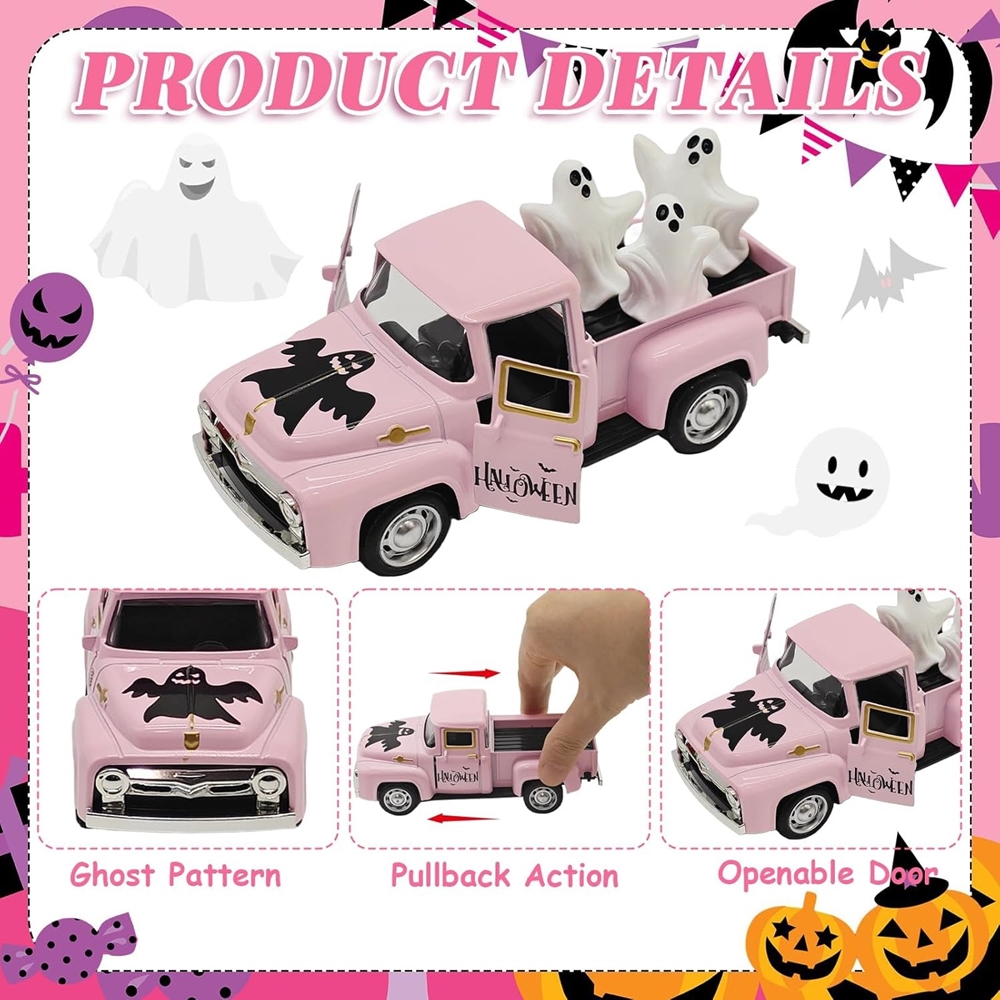 Custom Name & Initial Halloween Truck Model with Mini Skull/Ghost/Pumpkin, Creepy Pickup Car, Trick or Treat Decor, Halloween Gift for Kids/Boys/Girls