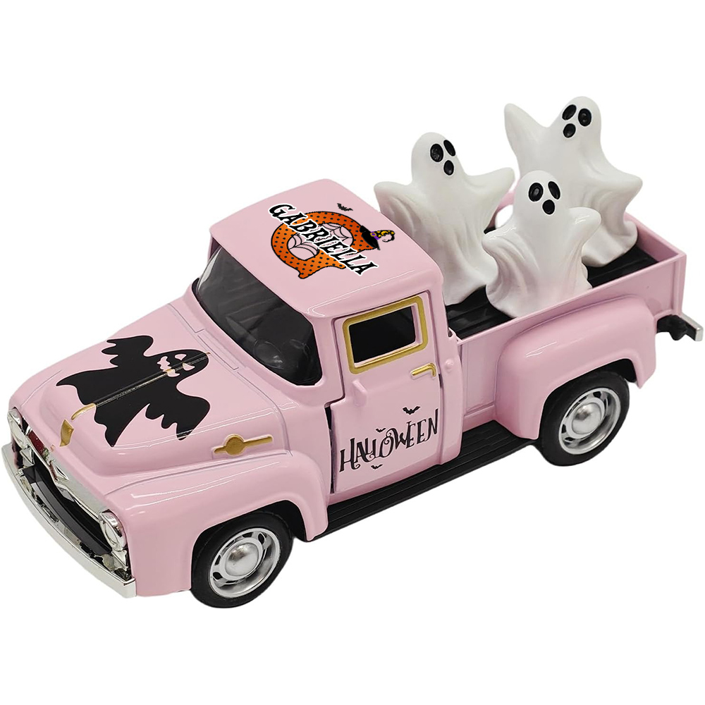 Custom Name & Initial Halloween Truck Model with Mini Skull/Ghost/Pumpkin, Creepy Pickup Car, Trick or Treat Decor, Halloween Gift for Kids/Boys/Girls