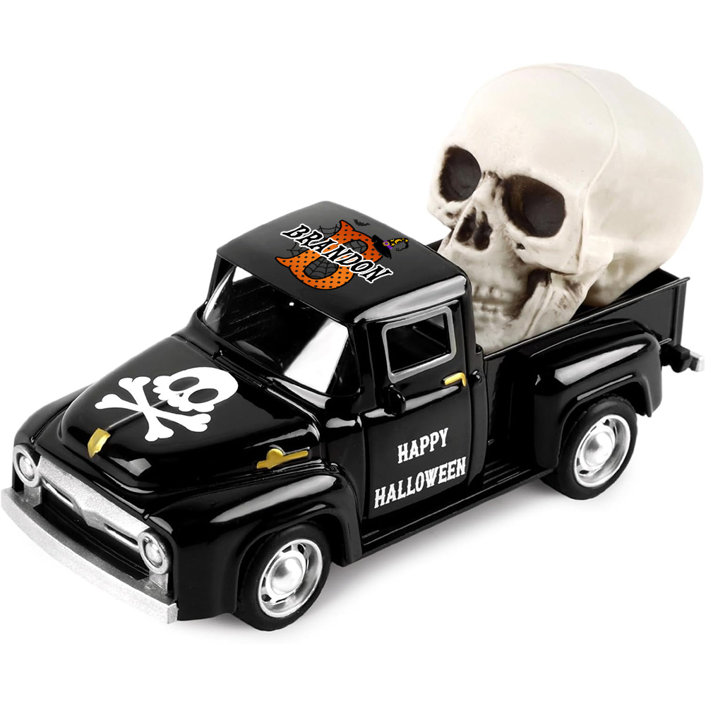 Custom Name & Initial Halloween Truck Model with Mini Skull/Ghost/Pumpkin, Creepy Pickup Car, Trick or Treat Decor, Halloween Gift for Kids/Boys/Girls