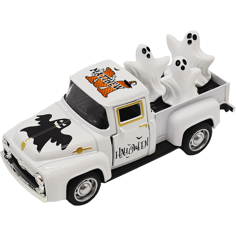 Custom Name & Initial Halloween Truck Model with Mini Skull/Ghost/Pumpkin, Creepy Pickup Car, Trick or Treat Decor, Halloween Gift for Kids/Boys/Girls