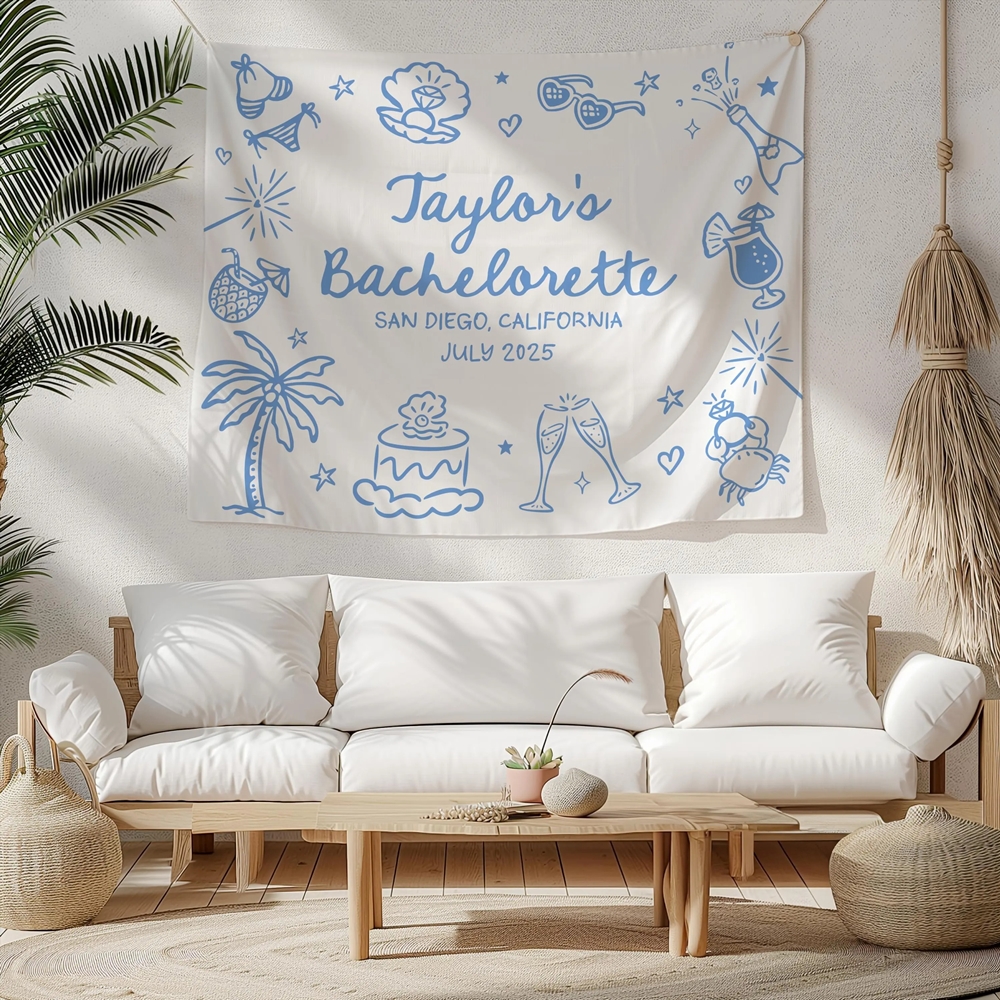 Custom Bachelorette Banner, Personalized Bachelorette Party Tapestry, Coastal Bachelorette Party Photo Backdrop, Wedding Gift for Newlyweds/Friends