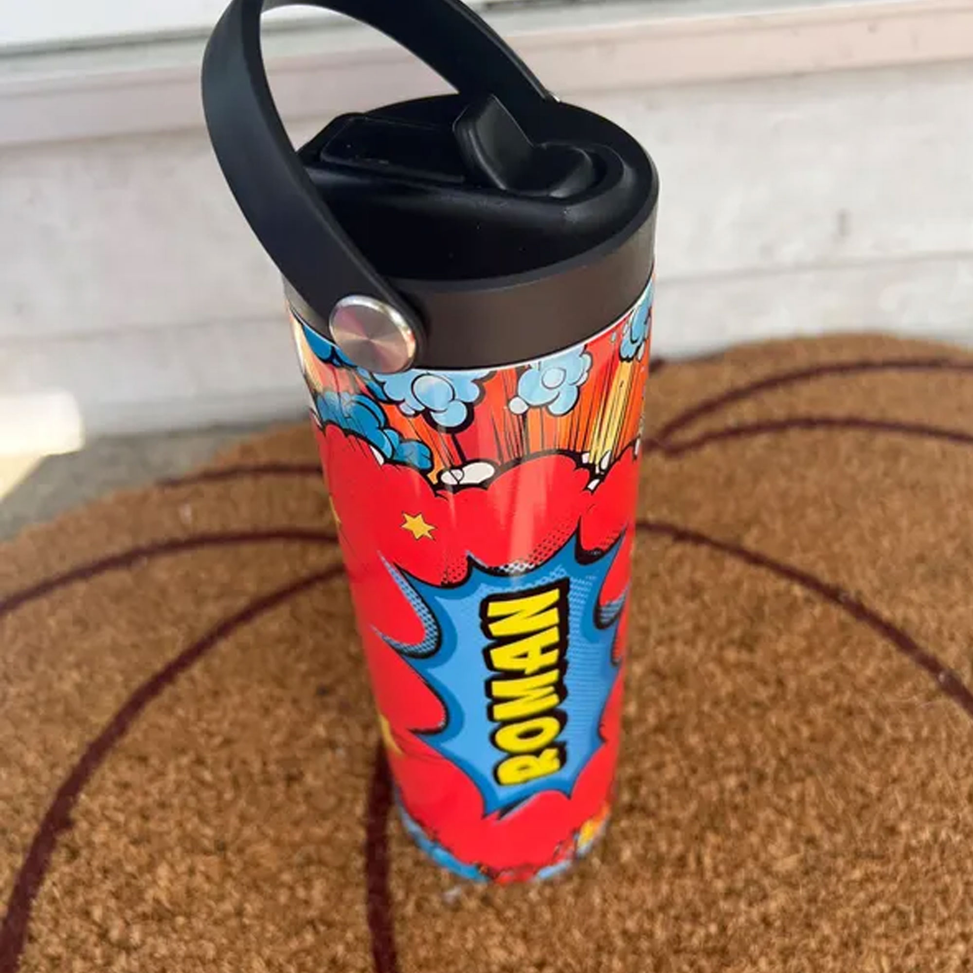 Personalized Name Superhero Comic Book Water Bottle, Stainless Steel Insulated Tumbler with Straw & Handle, Back to School/Birthday Gift for Kids/Boys