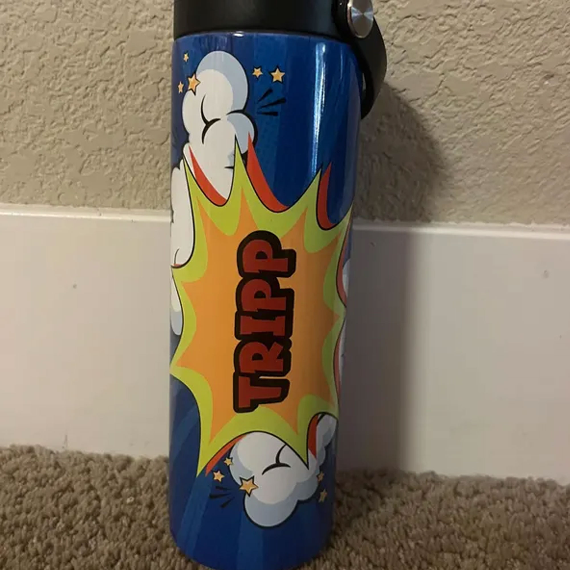 Personalized Name Superhero Comic Book Water Bottle, Stainless Steel Insulated Tumbler with Straw & Handle, Back to School/Birthday Gift for Kids/Boys