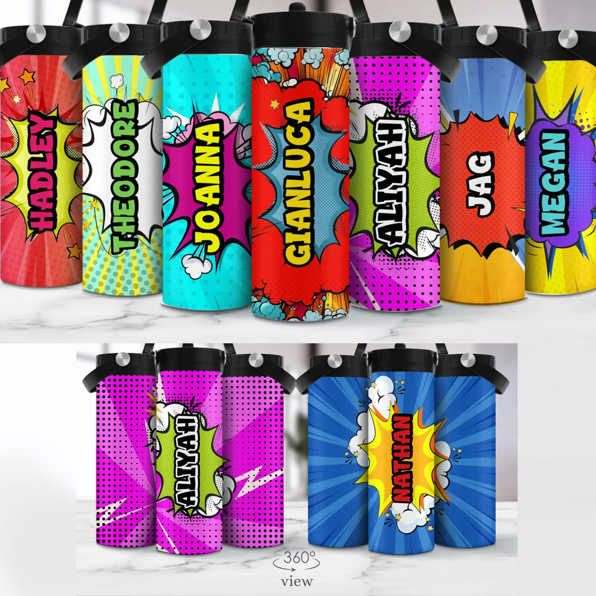 Personalized Name Superhero Comic Book Water Bottle, Stainless Steel Insulated Tumbler with Straw & Handle, Back to School/Birthday Gift for Kids/Boys