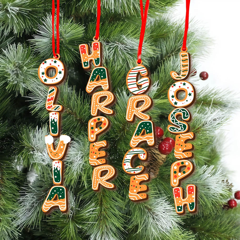 Personalized Baby Alphabet Gingerbread Christmas Ornament,  Wooden Christmas Tree Hanging Ornament, Holiday Keepsake, Christmas Gift for Family/Kids