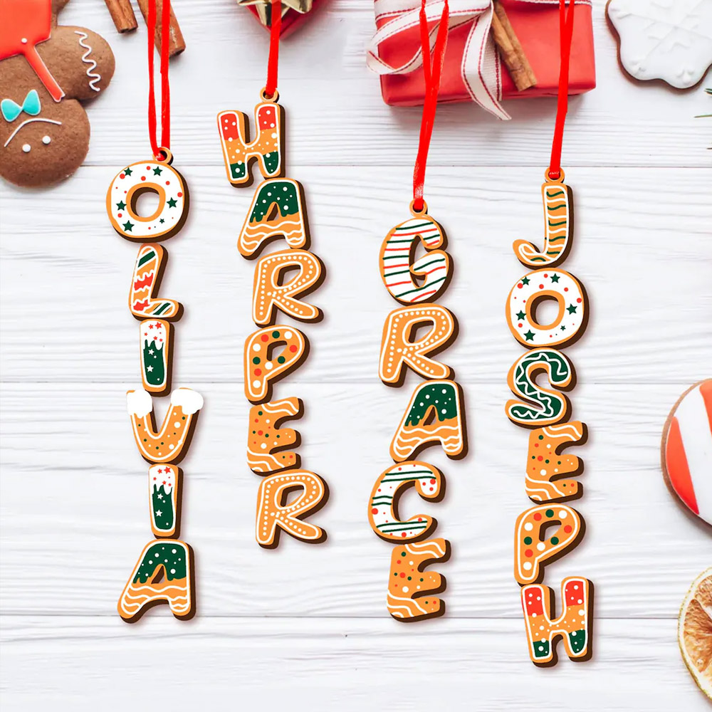 Personalized Baby Alphabet Gingerbread Christmas Ornament,  Wooden Christmas Tree Hanging Ornament, Holiday Keepsake, Christmas Gift for Family/Kids
