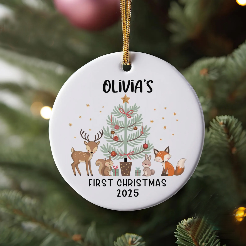 Personalized Name & Year Forest Animal Baby's First Christmas Ornament, Ceramic Christmas Tree Hanging Decor, Christmas Gift for Newborns/New Parents