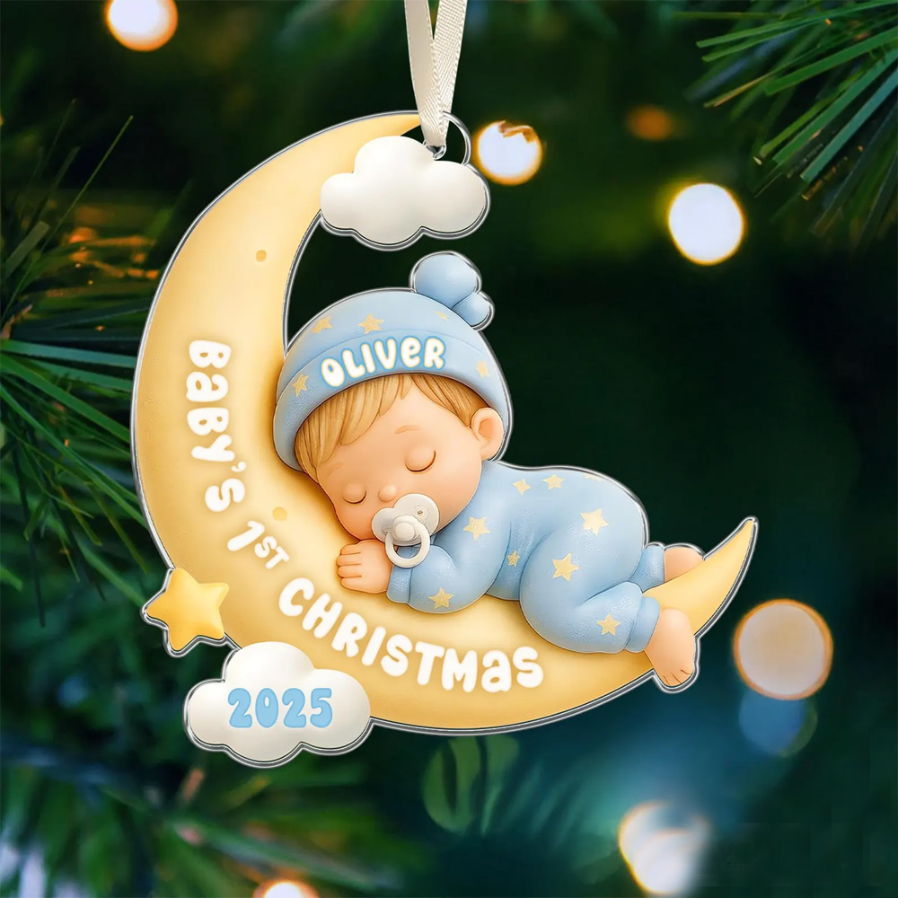 Personalized Name & Year Baby's First Christmas Ornament, Acrylic Newborn Sleeping in Moon Hanging Keepsake, Christmas Gift for Newborns/New Parents