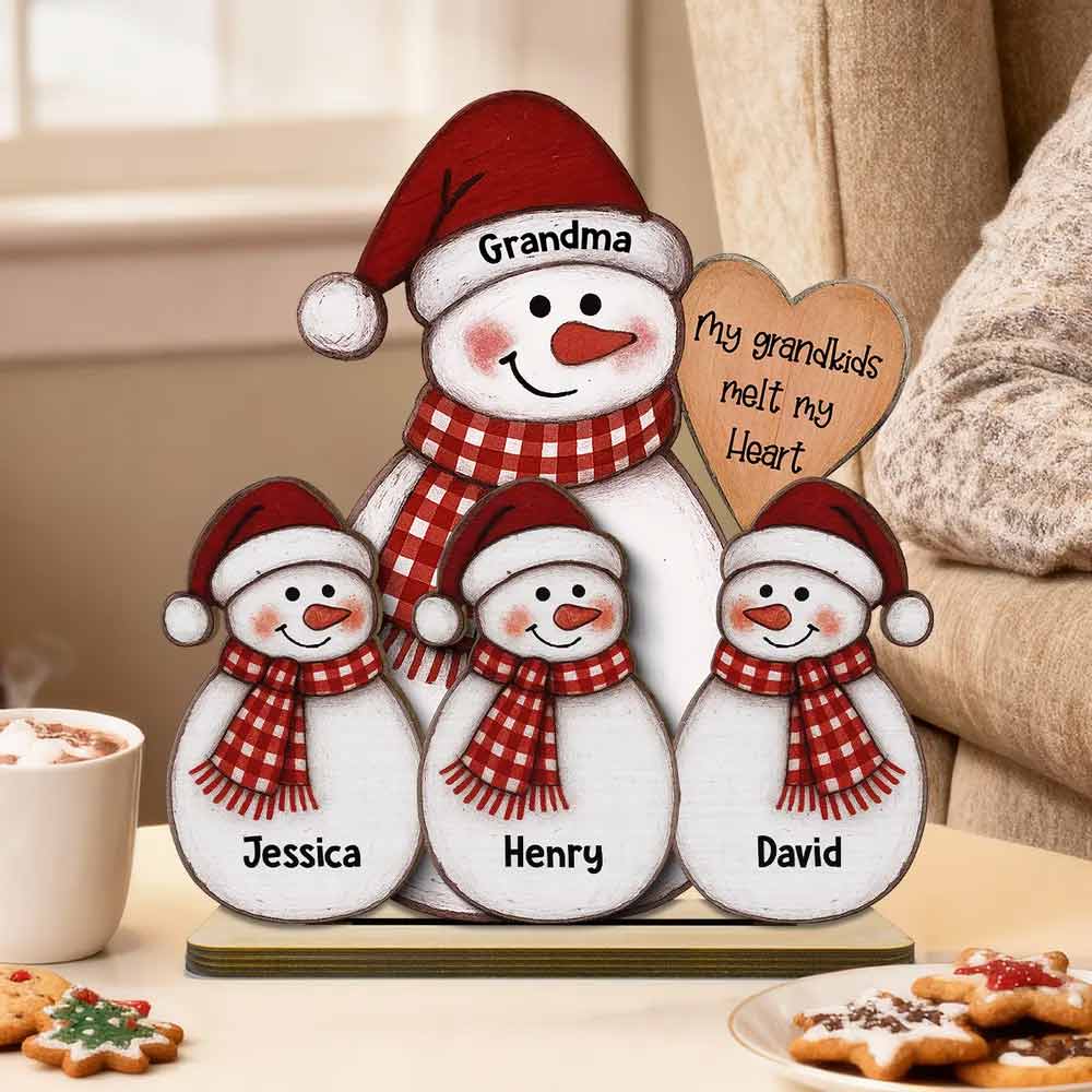 🎁 Folk Art Cute Snowman Grandma & Grandkid - Personalized 2-Layer Wooden Plaque - Christmas Decor