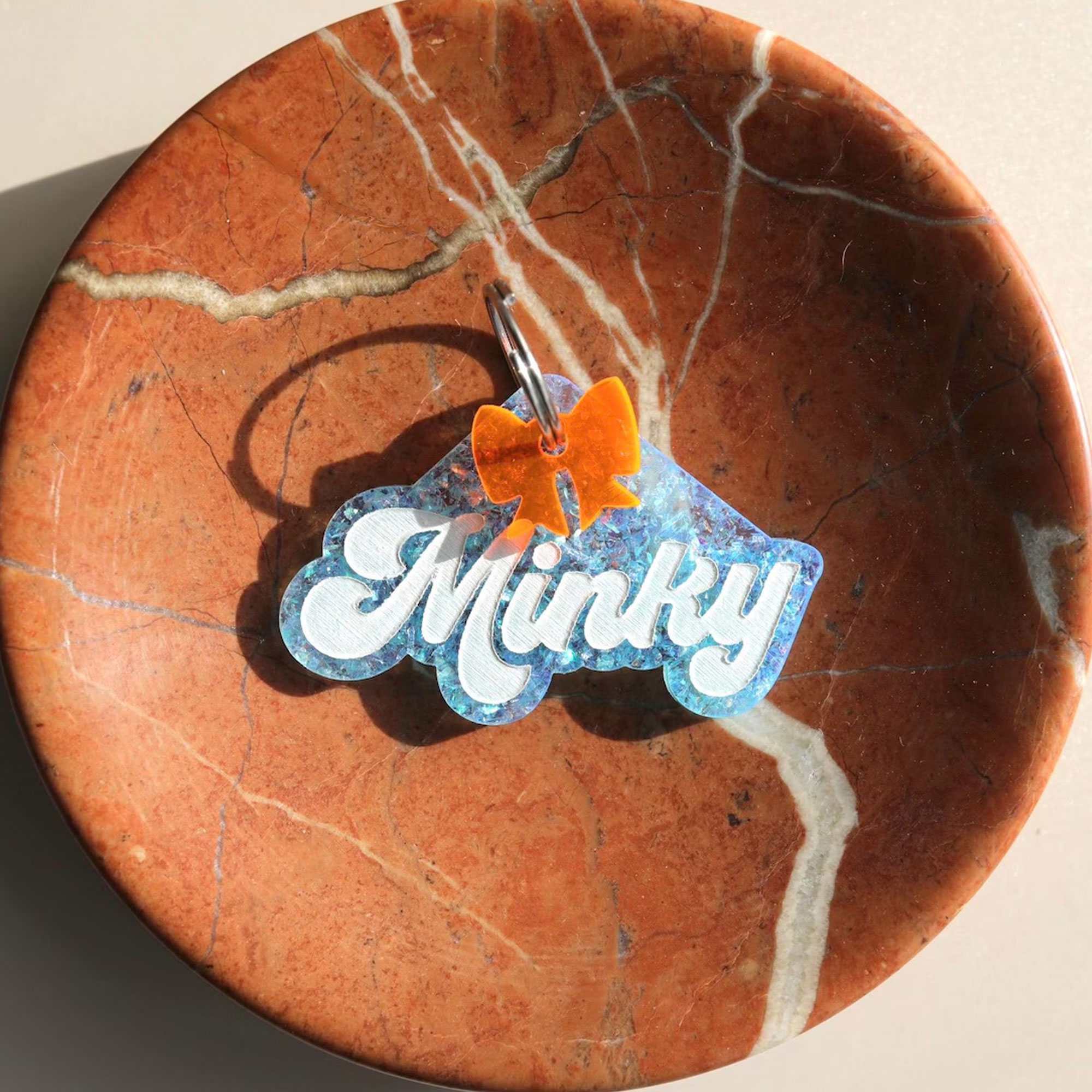 Personalized Glitter Pet Tag with Name, Custom Colorful Retro Groovy Acrylic Dog Cat ID, Pet Name Charm with Split Ring, Gift for Pet Owners/Lovers