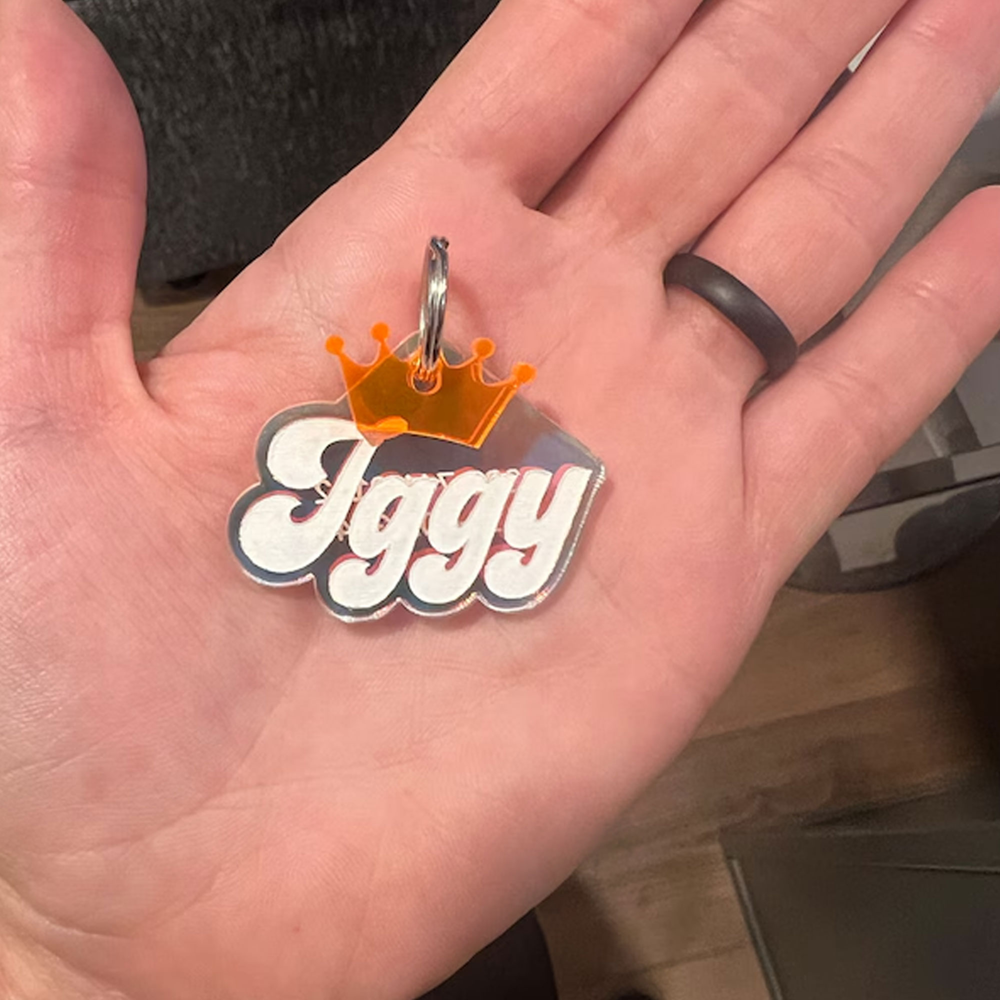 Personalized Glitter Pet Tag with Name, Custom Colorful Retro Groovy Acrylic Dog Cat ID, Pet Name Charm with Split Ring, Gift for Pet Owners/Lovers