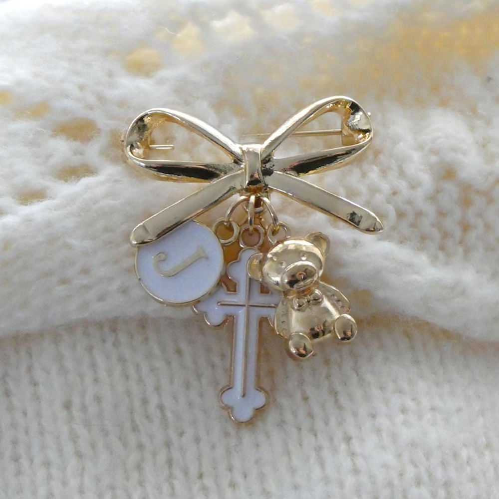 Personalized Initial Catholic Brooch with Teddy Bear Charm, Christian Gold Bow Pin, Religious Jewelry, Baptism/First Communion Gift for Baby/Newborn