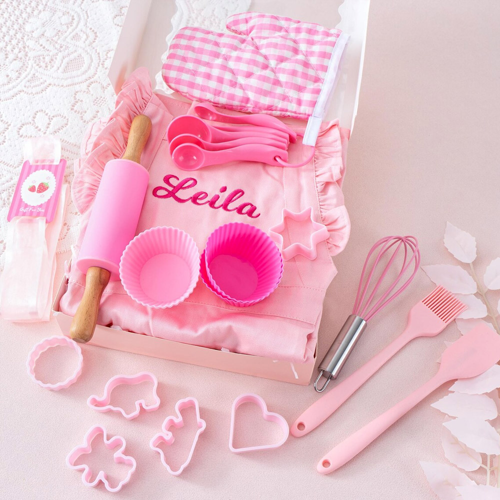 Personalized Pink Baking Tool Kit & Apron with Name, Kitchen Accessories for Children, Birthday/Christmas/Easter Gift for Cooking Baking Lovers/Girls