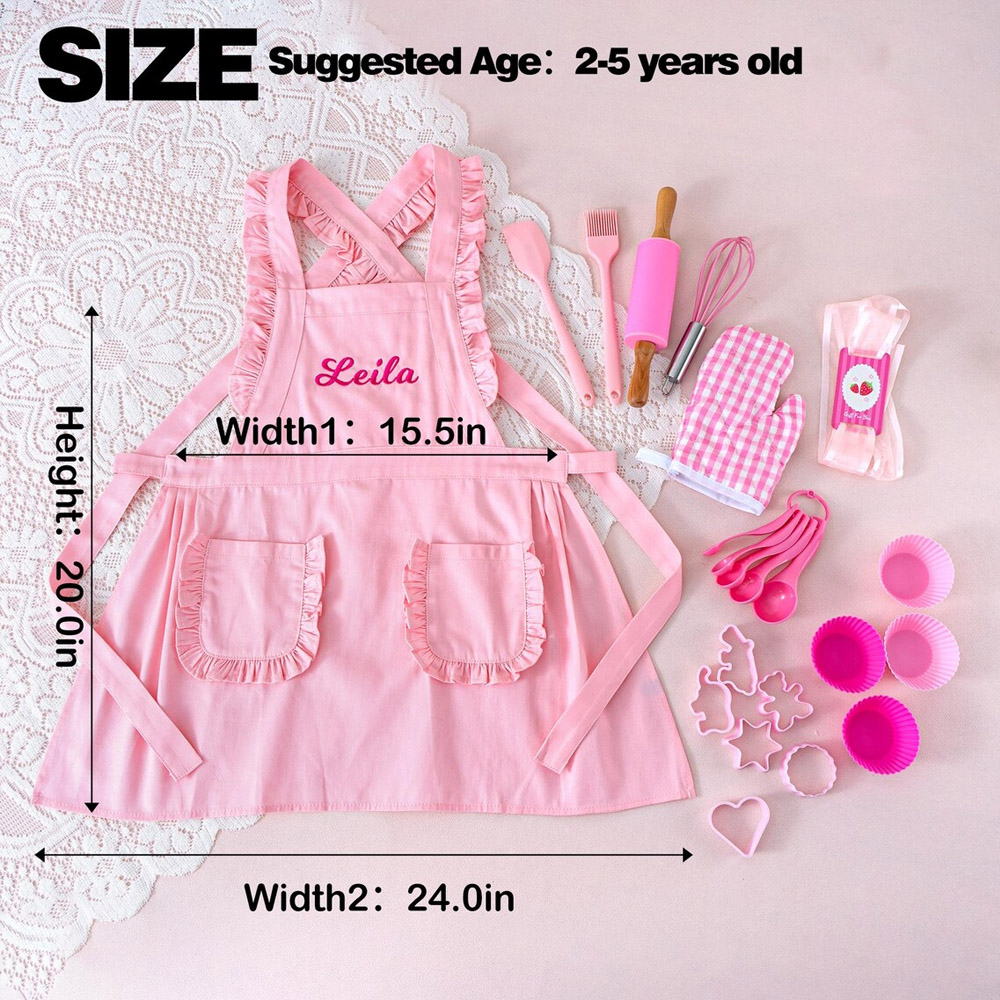 Personalized Pink Baking Tool Kit & Apron with Name, Kitchen Accessories for Children, Birthday/Christmas/Easter Gift for Cooking Baking Lovers/Girls