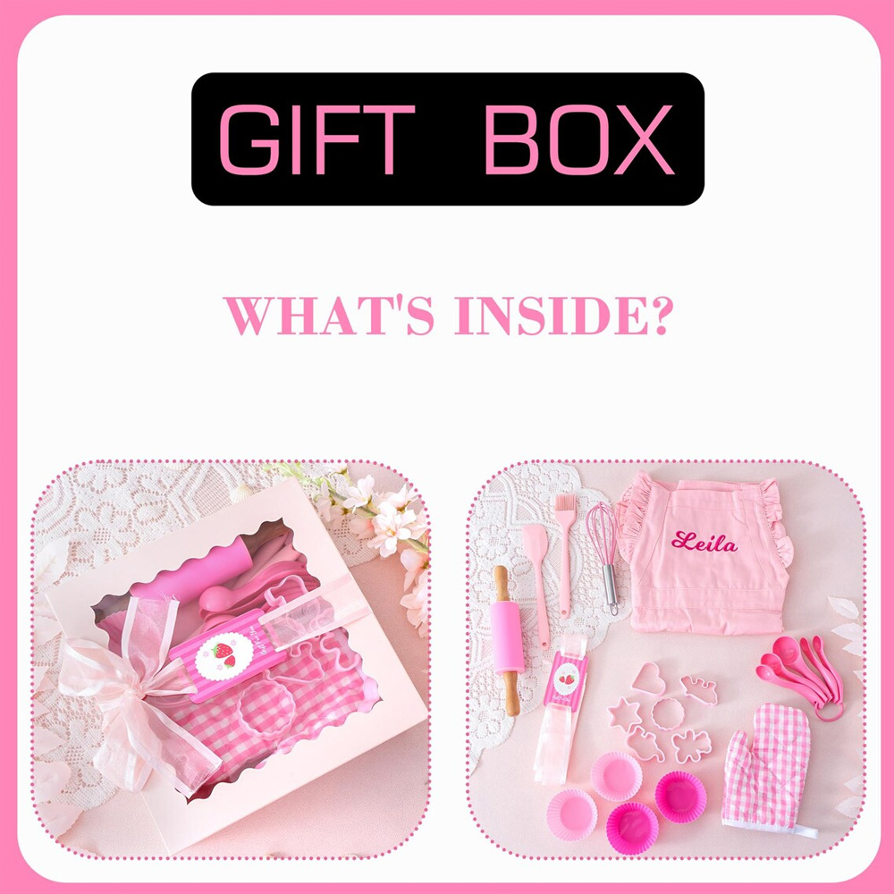 Personalized Pink Baking Tool Kit & Apron with Name, Kitchen Accessories for Children, Birthday/Christmas/Easter Gift for Cooking Baking Lovers/Girls