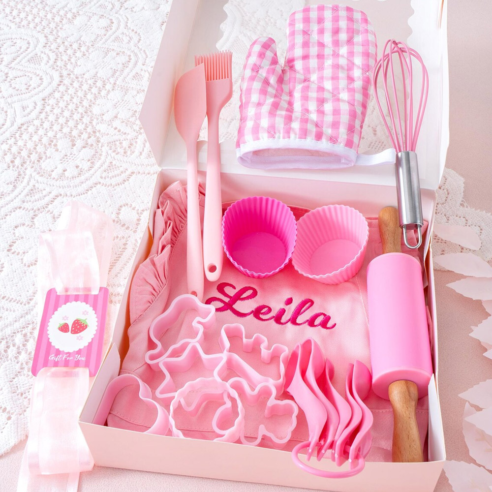 Personalized Pink Baking Tool Kit & Apron with Name, Kitchen Accessories for Children, Birthday/Christmas/Easter Gift for Cooking Baking Lovers/Girls