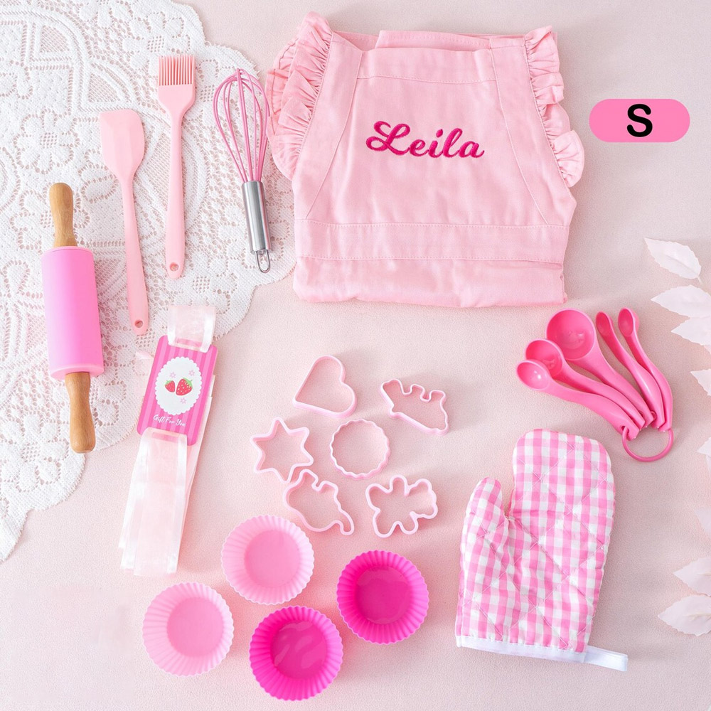 Personalized Pink Baking Tool Kit & Apron with Name, Kitchen Accessories for Children, Birthday/Christmas/Easter Gift for Cooking Baking Lovers/Girls