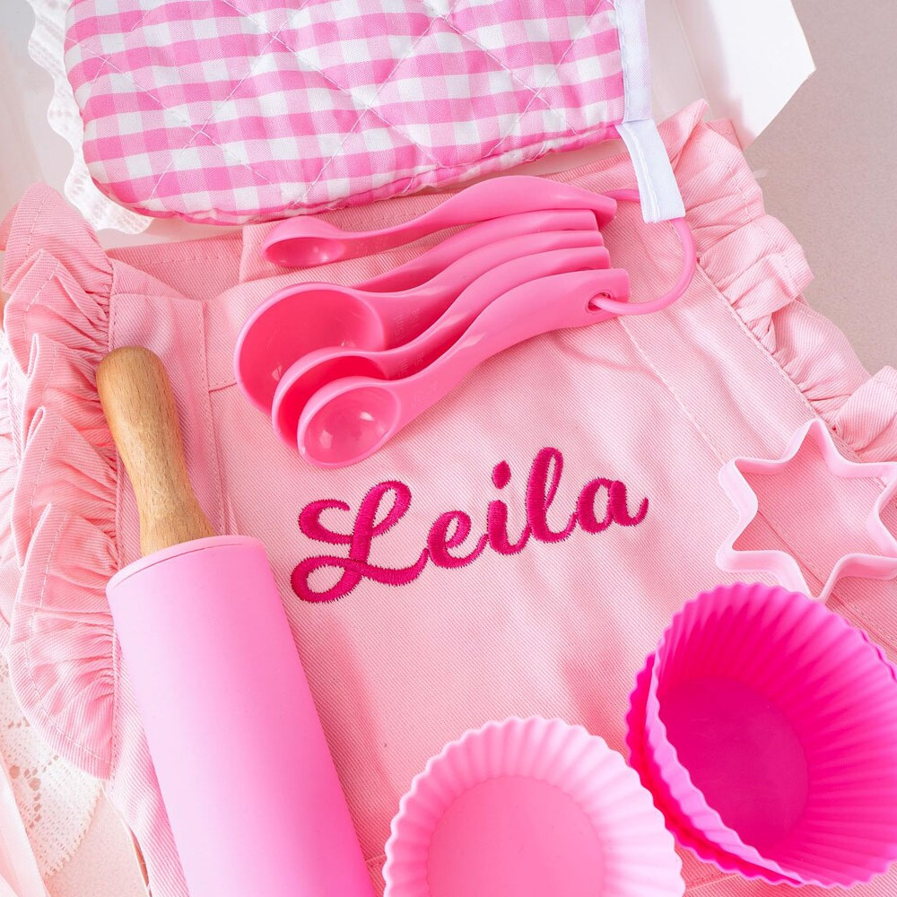 Personalized Pink Baking Tool Kit & Apron with Name, Kitchen Accessories for Children, Birthday/Christmas/Easter Gift for Cooking Baking Lovers/Girls