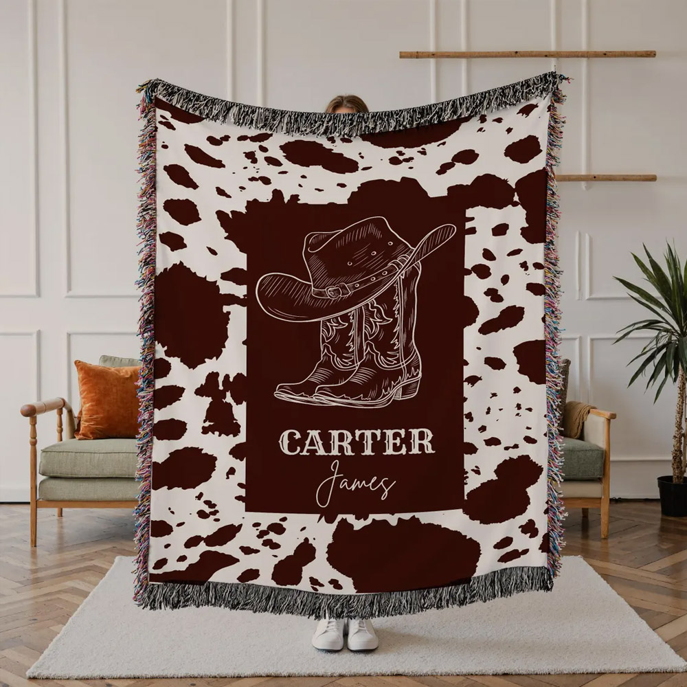 Personalized Name Cowboy Woven Baby Blanket, Western Cowboy Boys Blanket with Tassel, Heirloom Blanket, Birthday/Baby Shower Gift for Newborns/Boys