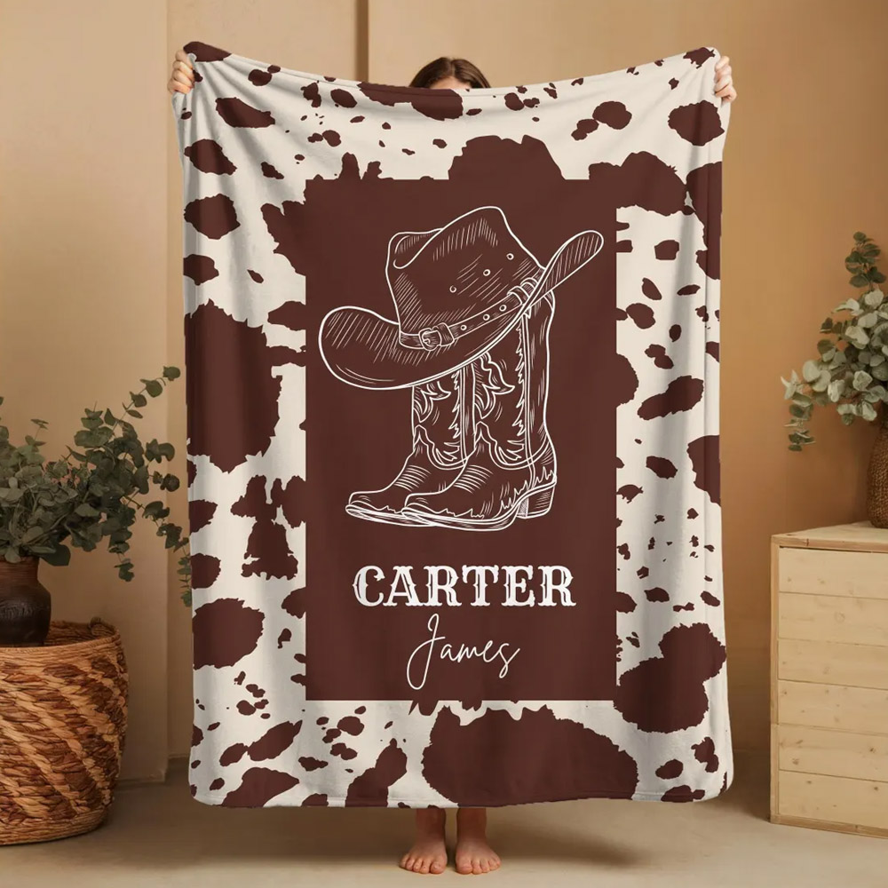 Personalized Name Cowboy Woven Baby Blanket, Western Cowboy Boys Blanket with Tassel, Heirloom Blanket, Birthday/Baby Shower Gift for Newborns/Boys