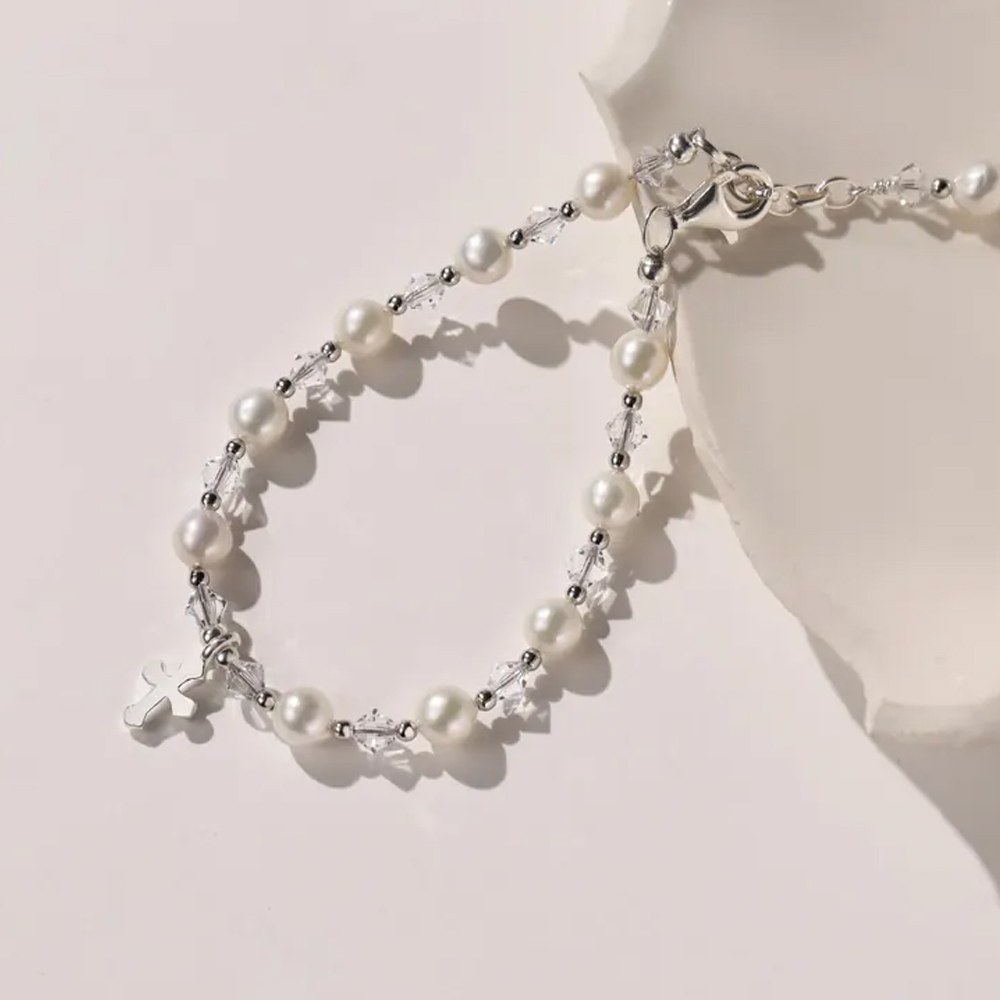 Personalized Initial Freshwater Pearl Bracelet with Cross, Christening Dedication Confirmation Jewelry, First Communion/Baptism Gift for Women/Girls