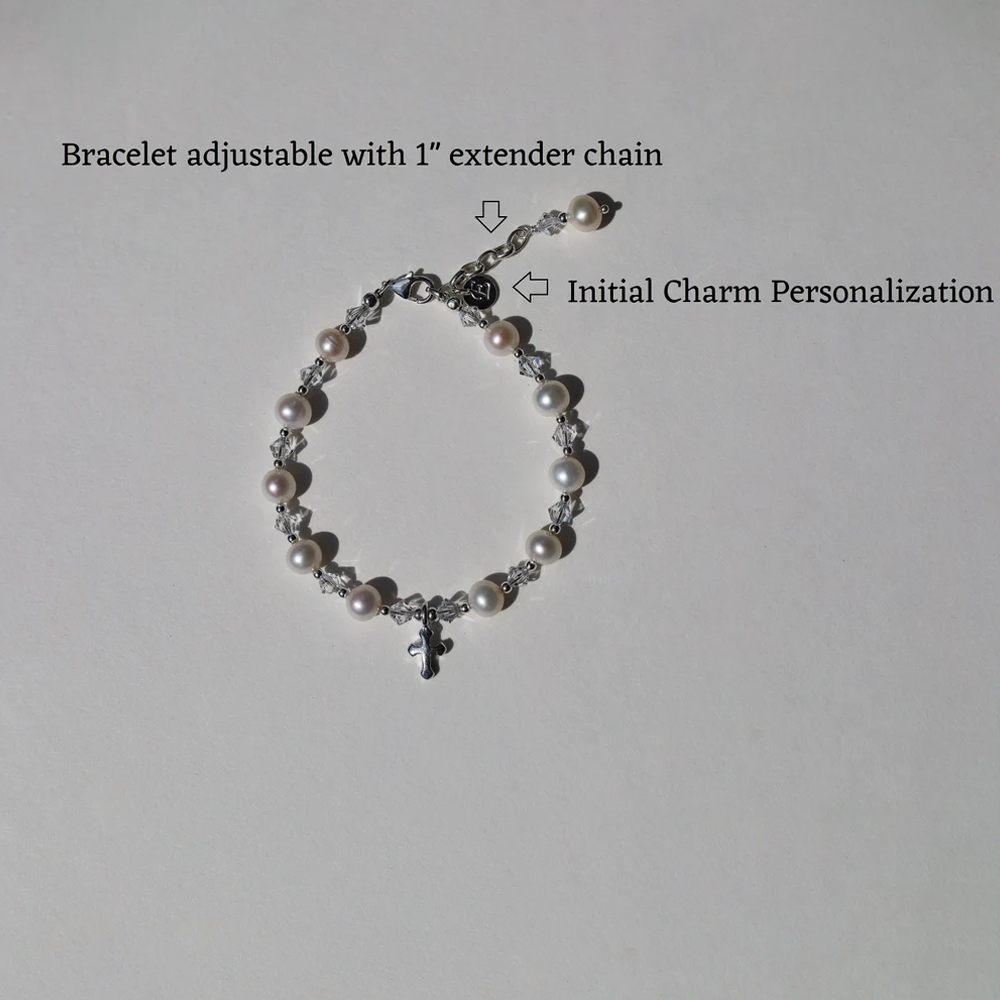 Personalized Initial Freshwater Pearl Bracelet with Cross, Christening Dedication Confirmation Jewelry, First Communion/Baptism Gift for Women/Girls