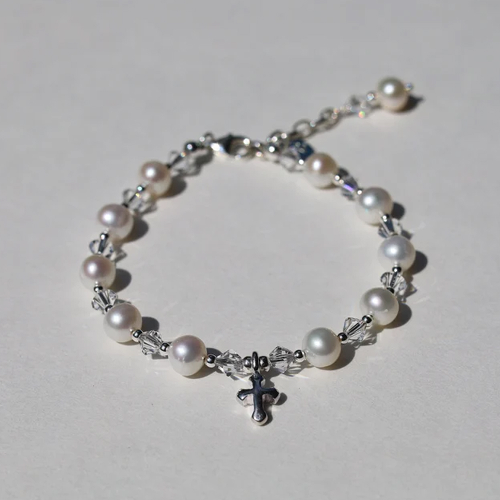 Personalized Initial Freshwater Pearl Bracelet with Cross, Christening Dedication Confirmation Jewelry, First Communion/Baptism Gift for Women/Girls