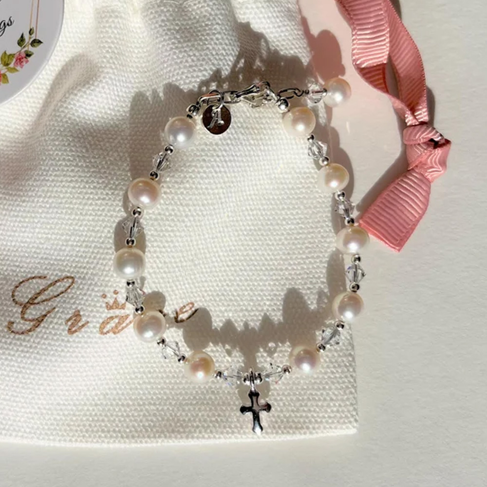 Personalized Initial Freshwater Pearl Bracelet with Cross, Christening Dedication Confirmation Jewelry, First Communion/Baptism Gift for Women/Girls
