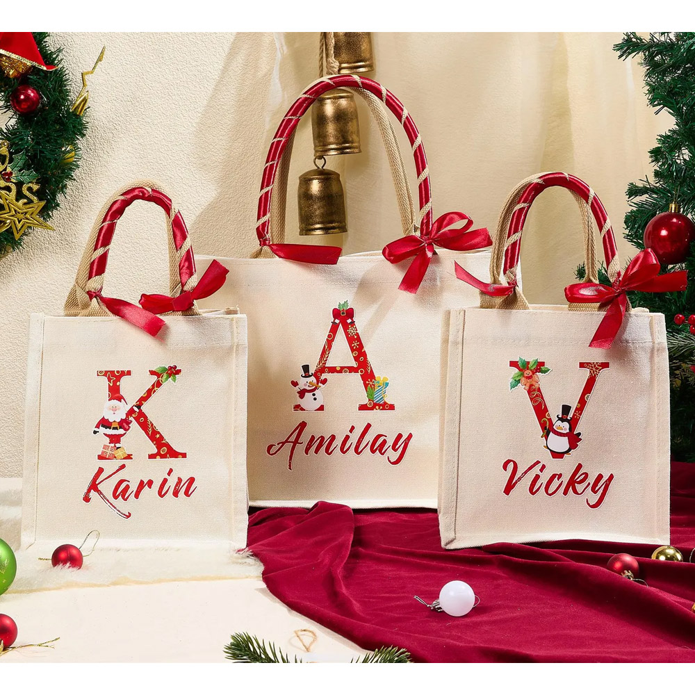 Personalized Name Christmas Themed Tote Bag, Large Capacity Canvas Handbag, Holiday Party Gift Bag, Christmas/Birthday Gift for Family/Friends/Women