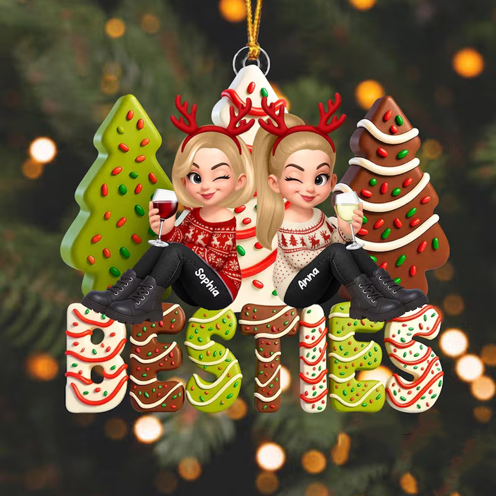 Personalized Portrait Christmas Tree Cake Ornament with Name, Acrylic Bestie Hanging Decor, Friendship Keepsake, Christmas Gift for Bestie/Friends