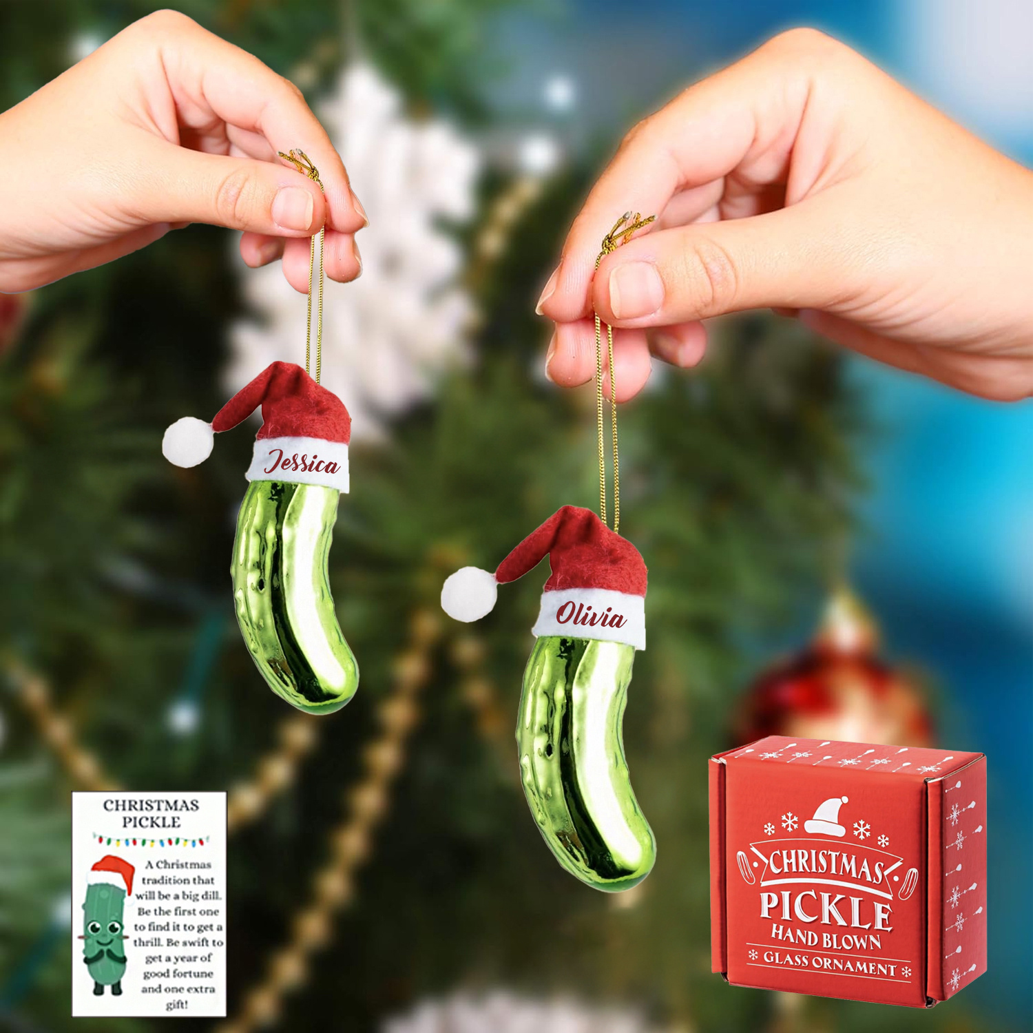 Glass Christmas Pickle Ornaments with Red Hats, Traditional German Christmas Pickle Decorations, Handblown Glass Cucumber, Shaped Hanging Decor for Xmas Tree, Home, Parties