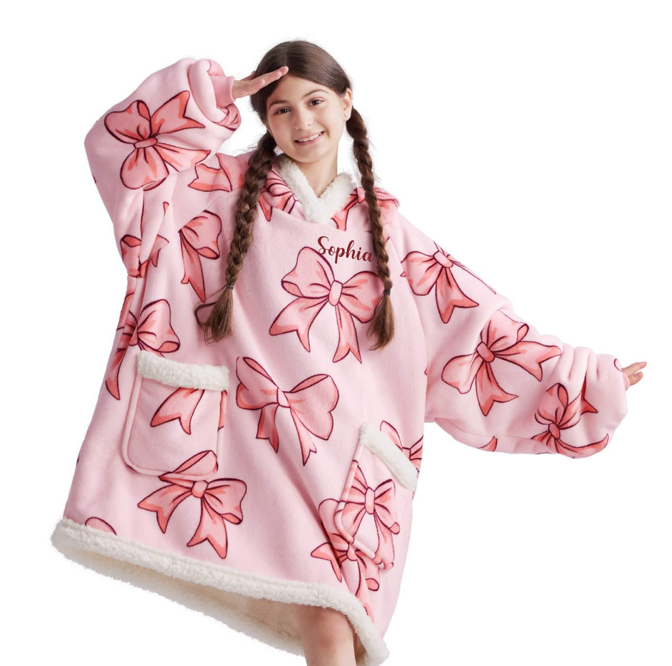 🎀Personalized Sherpa Fleece Printed Short Wearable Blanket Hoodie Pink Bow, Kids, Peach Pink