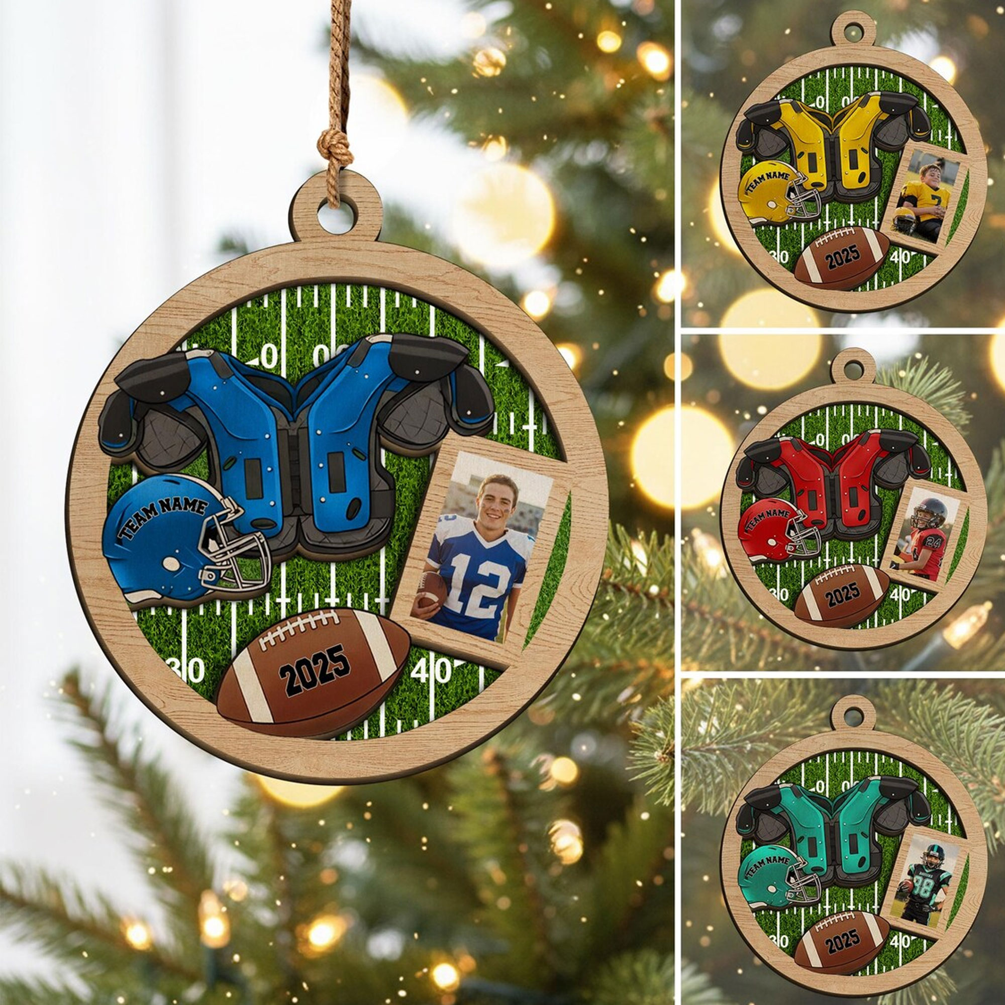 Personalized Photo & Name Football 2-Layer Wooden Christmas Ornament, Christmas Tree Hanging Keepsake, Christmas Gift for Football Players/Teammates