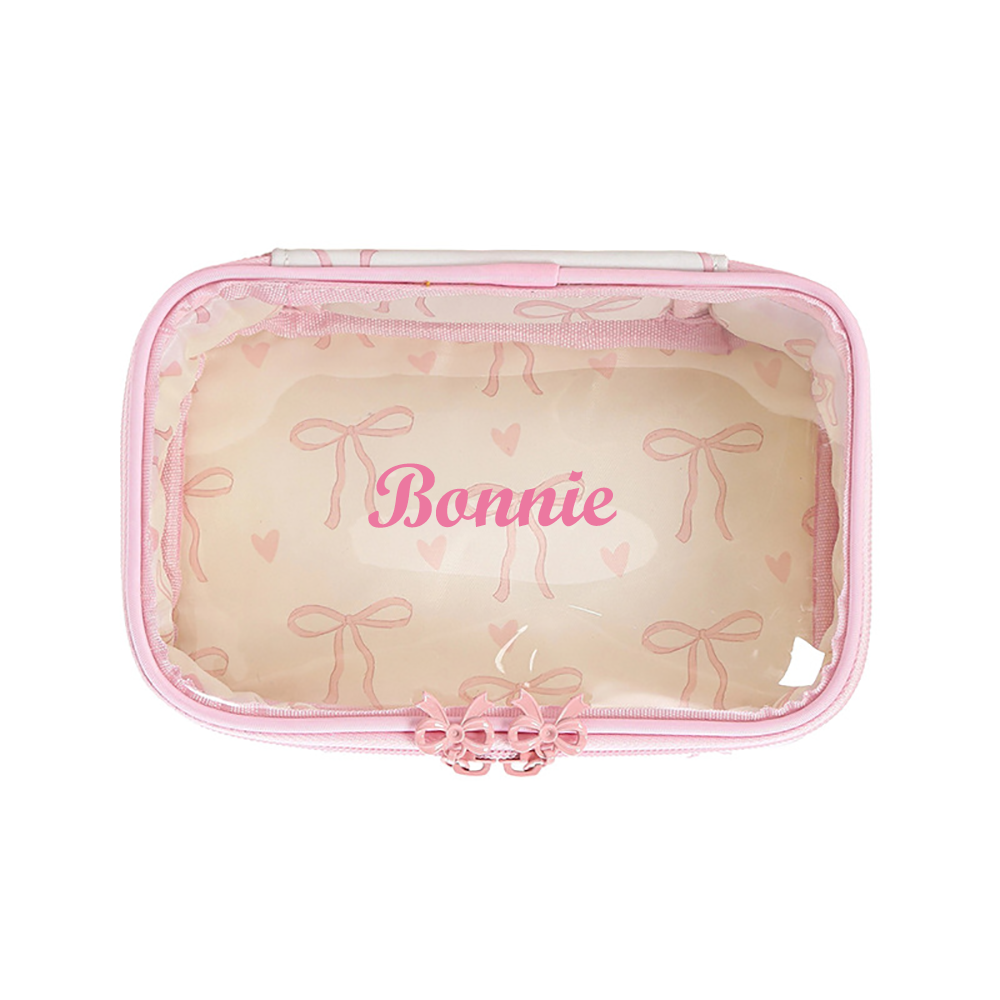 Custom Name Girls Printed Bow Makeup Bag, Waterproof Travel Cosmetic Bag, Toiletry Bag, Hand-Held Cosmetic Organizer Case, Gift for Her/Makeup Artists