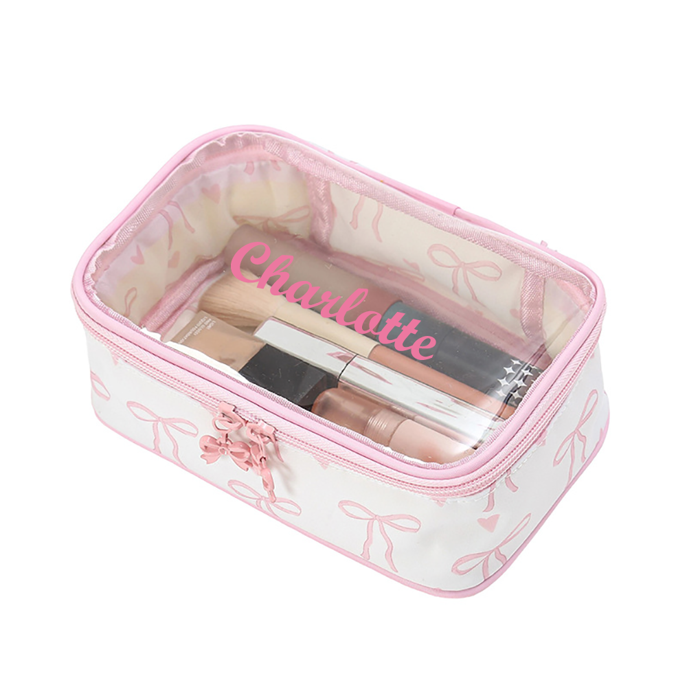 Custom Name Girls Printed Bow Makeup Bag, Waterproof Travel Cosmetic Bag, Toiletry Bag, Hand-Held Cosmetic Organizer Case, Gift for Her/Makeup Artists