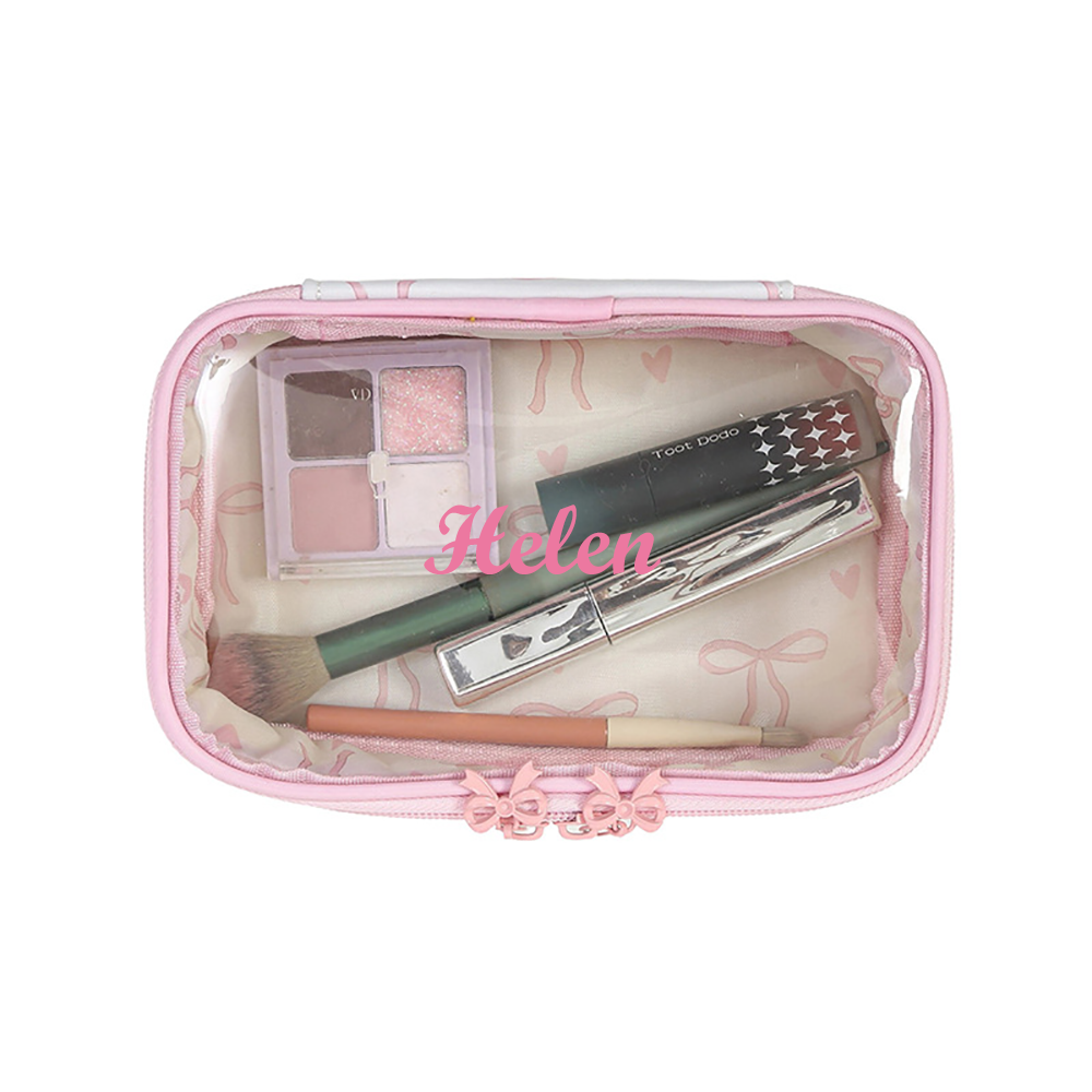 Custom Name Girls Printed Bow Makeup Bag, Waterproof Travel Cosmetic Bag, Toiletry Bag, Hand-Held Cosmetic Organizer Case, Gift for Her/Makeup Artists