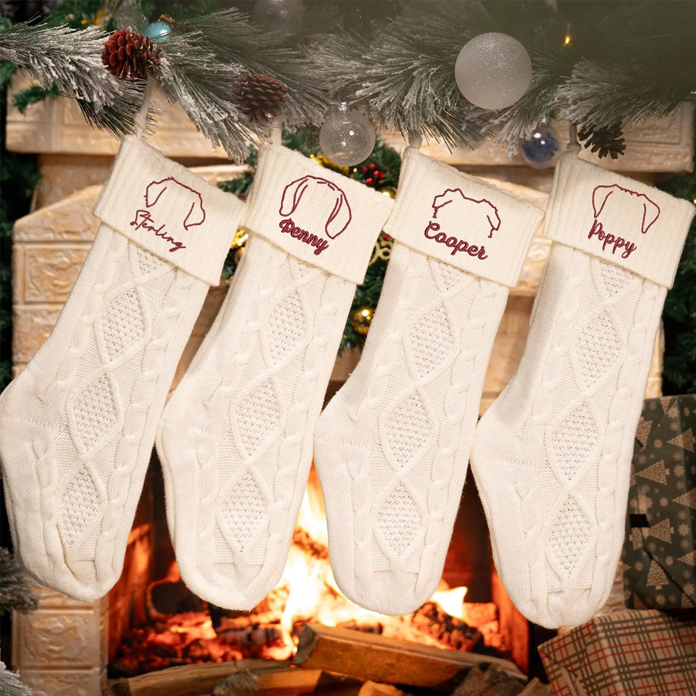 Personalized Name Embroidered Dog/Cat Ears Christmas Stocking, Festival Fireplace Tree Hanging Ornament, Christmas Gift for Pet Lovers/Owners/Family