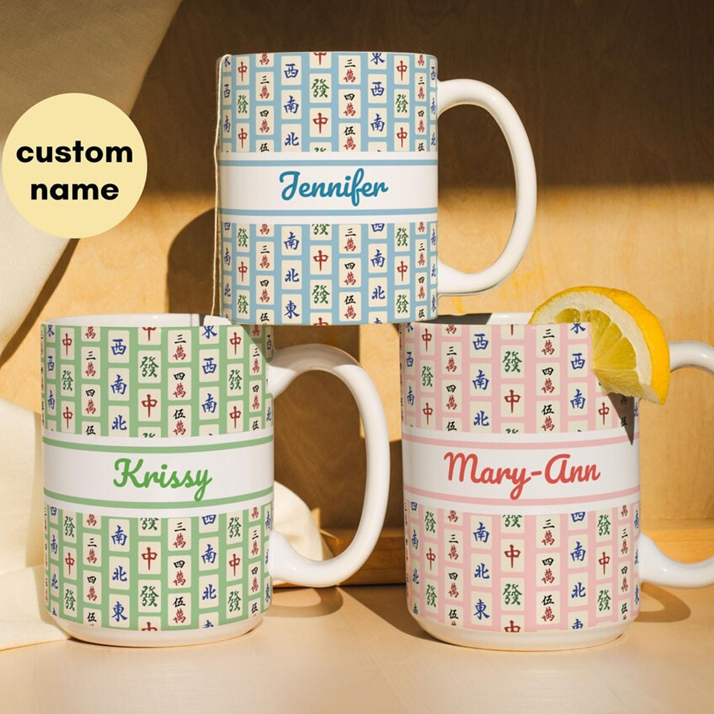Custom Name Matching Mahjong Pattern Mug, Ceramic Lucky Mahjongg Social Club Tile Coffee Cup, Party Favor, Gift for Mahjong Lovers/Hostess/Friends