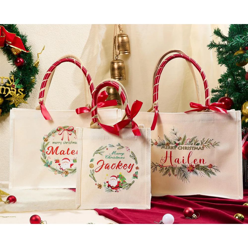 Personalized Name Christmas Wreath Tote Bag, Large Capacity Canvas Handbag, Holiday Party Gift Bag, Christmas/Birthday Gift for Family/Friends/Women